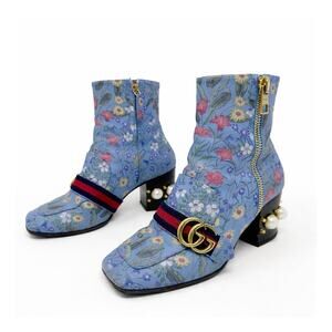 Gucci Peyton Flora Pearl GG Web Stripe Ankle Boots Womens Size EU 37